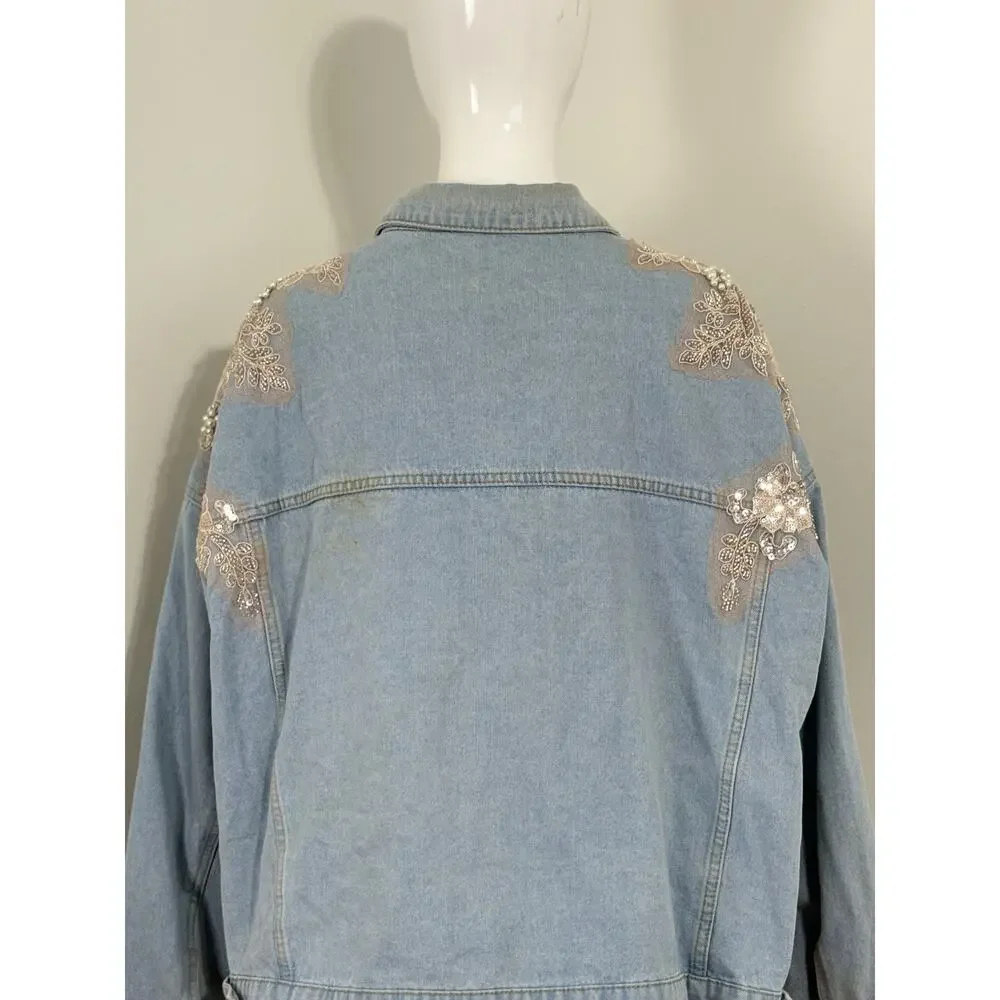 Arula Women’s Denim Jacket Plus Size 3X Light Wash Pearl Sequin Lace Embellished - Picture 5 of 15